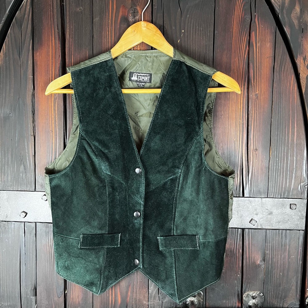 Vintage green suede snap vest L